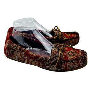 Womens 9 Minnetonka Baja Aztec‎ Tapestry Moccasin Red Orange Fabric Slip On Shoe